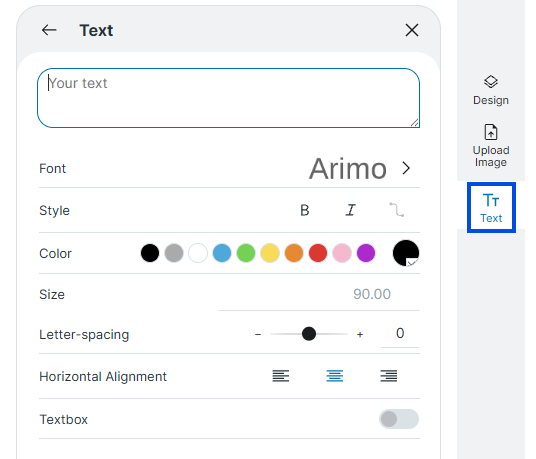 Text settings panel
