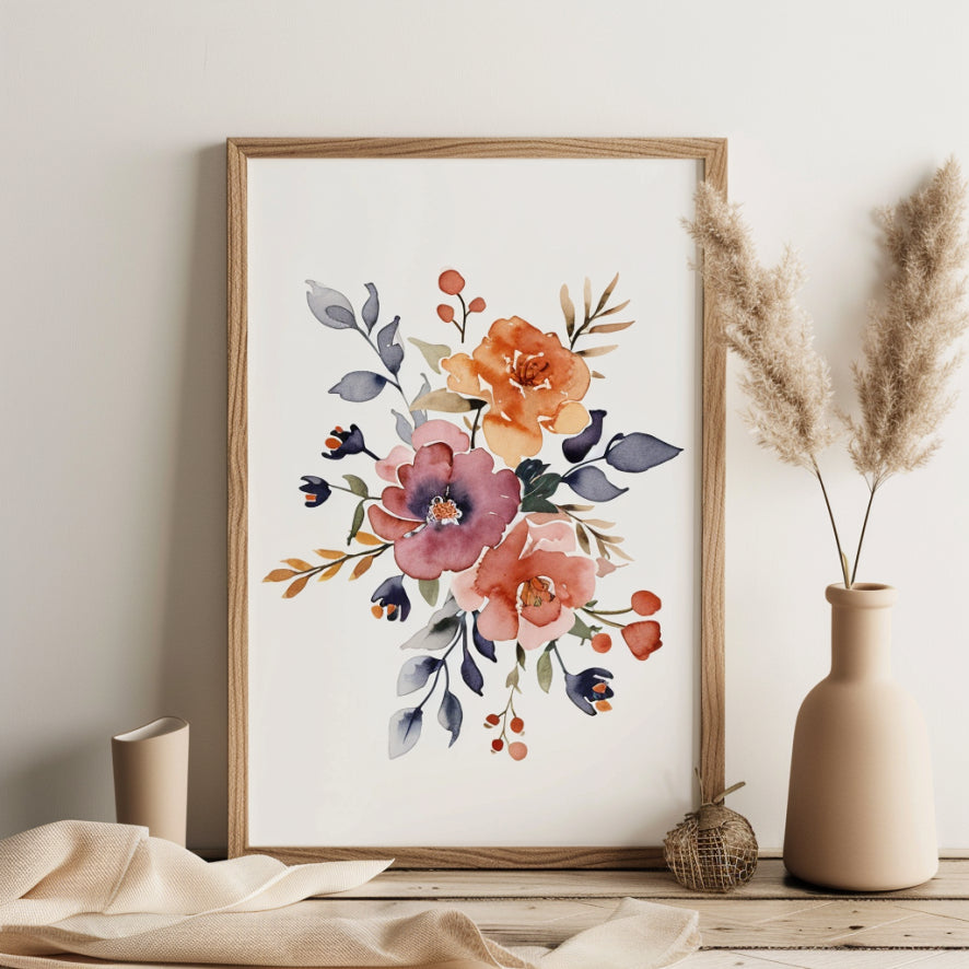 Framed floral artwork on a wall. Custom, fine art, Giclée, archival-grade reproductions. 